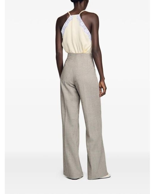 Sandro Gray Wide-Leg Checked Wool Trousers
