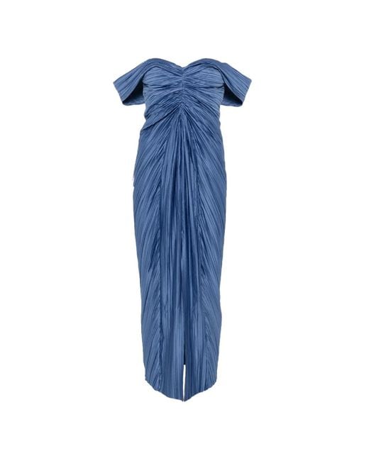 Cult Gaia Blue Natalie Off-Shoulder Pleated Midi Dress
