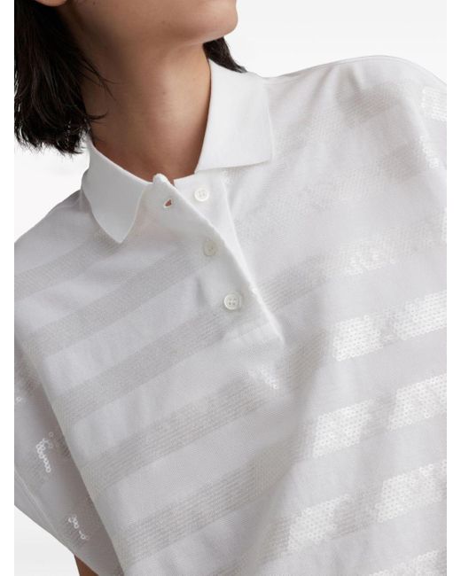 Brunello Cucinelli White Sequinned Cotton Polo Shirt