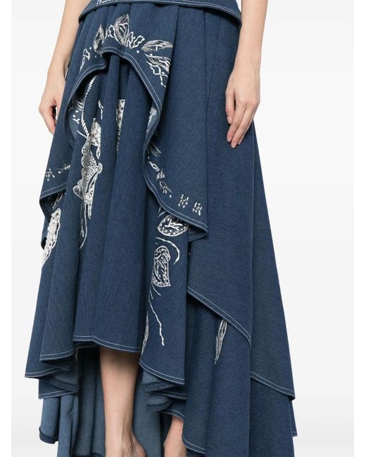Saiid Kobeisy Blue Floral-Embroidered Denim Maxi Dress