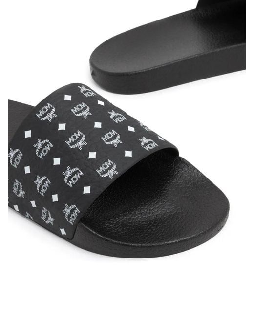 MCM White Logo-Print Single-Strap Slides for men
