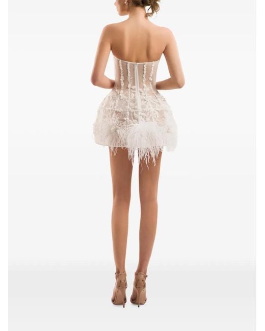 IMROSKA White 29 Feather-Trim Floral-Appliqué Mini Dress