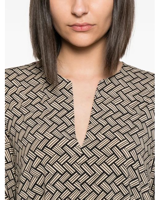 Siyu Brown Geometric-Pattern V-Neck Blouse