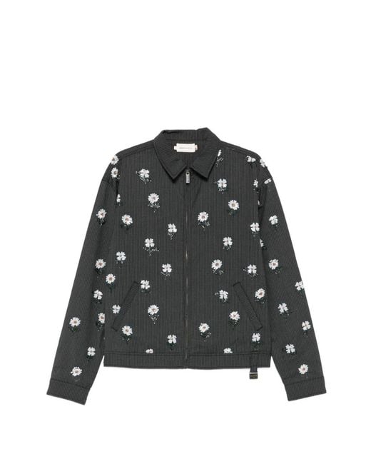 Honor The Gift Black Floral-Embroidered Pinstripe Overshirt for men