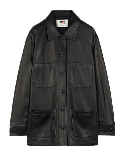 Ports 1961 Black Button-Fastening Leather Jacket