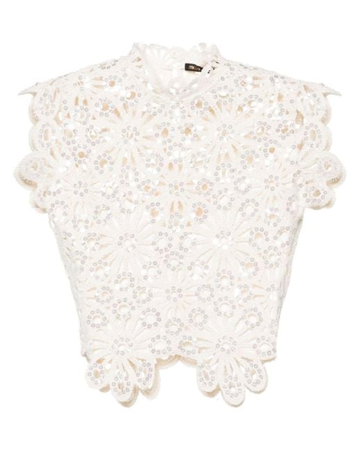 Maje White Sequin-embellished Crochet-knit Top