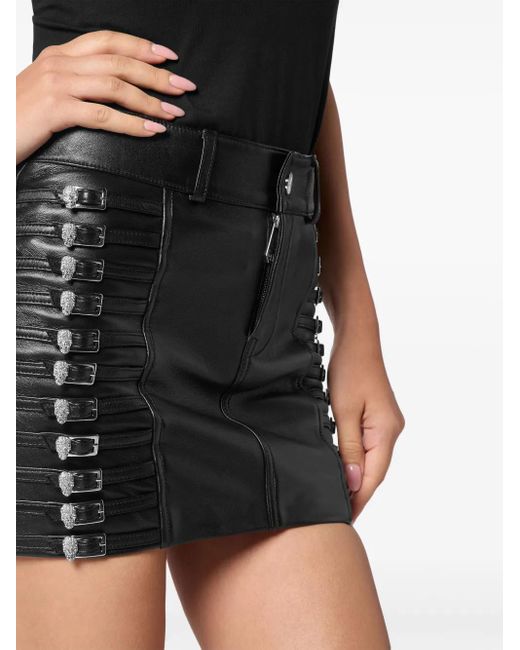 Philipp Plein Black Crystal-Embellished Leather Mini Skirt
