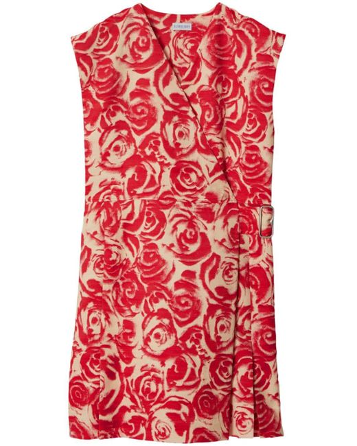 Burberry Red Rose-jacquard Wrap Minidress