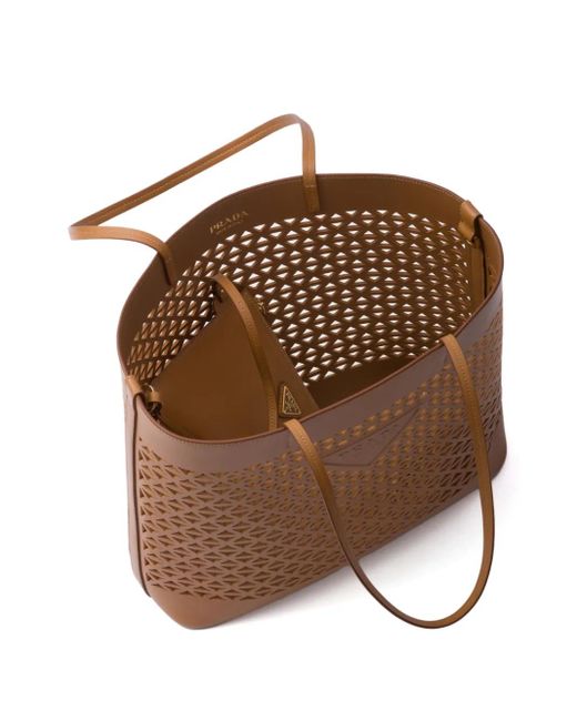 Prada Brown Logo-Perforated Leather Tote Bag