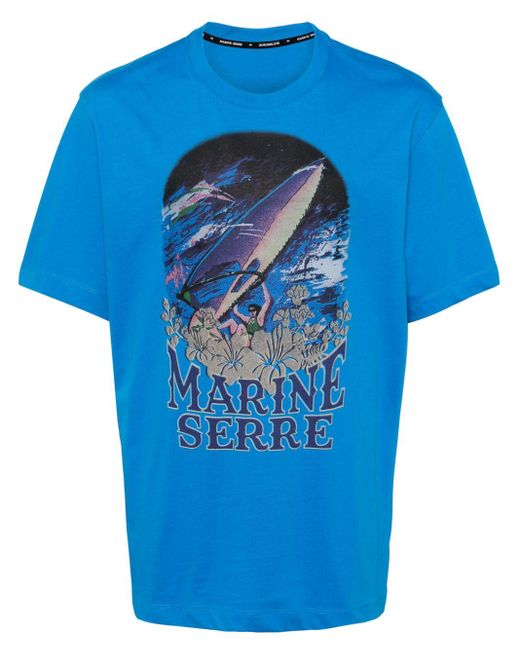 MARINE SERRE Blue Logo-print Cotton T-shirt for men