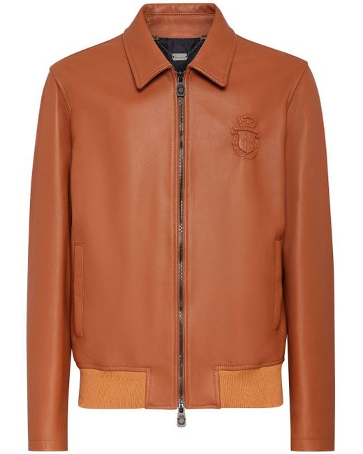 Billionaire Brown Crest-motif Leather Bomber Jacket for men