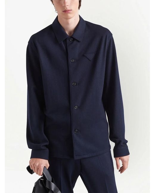 Prada Blue Triangle-Logo Wool-Blend Shirt for men