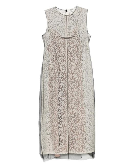 Fendi Natural Lace Overlay Dress With Sheer Hemline