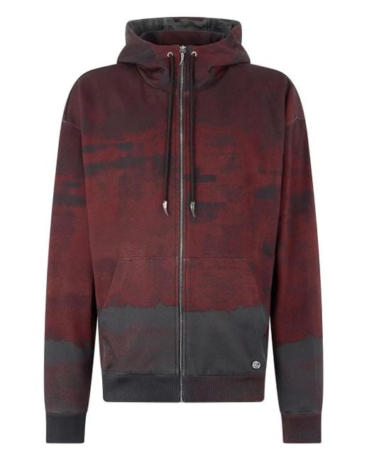 Roberto Cavalli Red Hooded Abstract-Print Zip-Up Sweatshirt for men