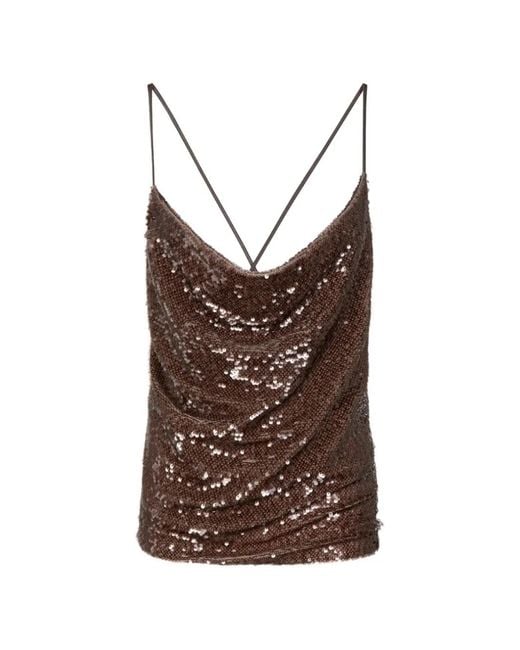 Gaelle Paris Brown Sequin-Embellished Cowl-Neck Top