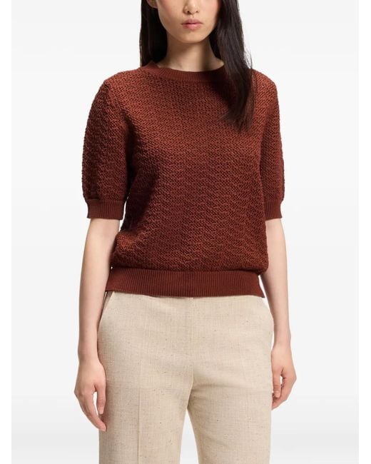 Boss Brown Pointelle-Knit Short-Sleeve Sweater