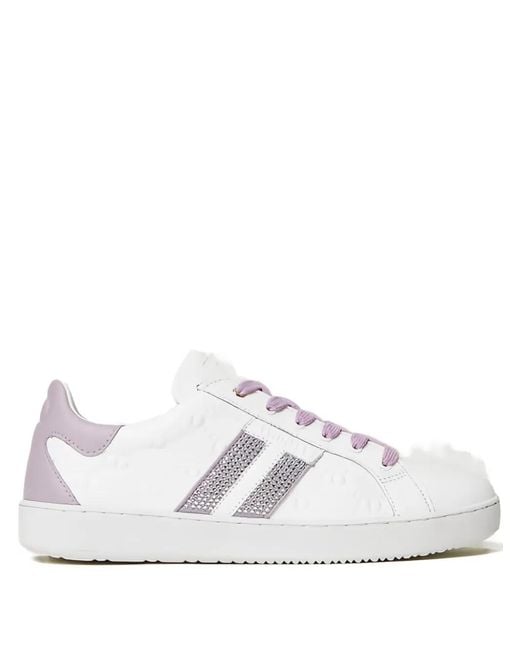 Twinset White Rhinestone-Embellished Leather Sneakers