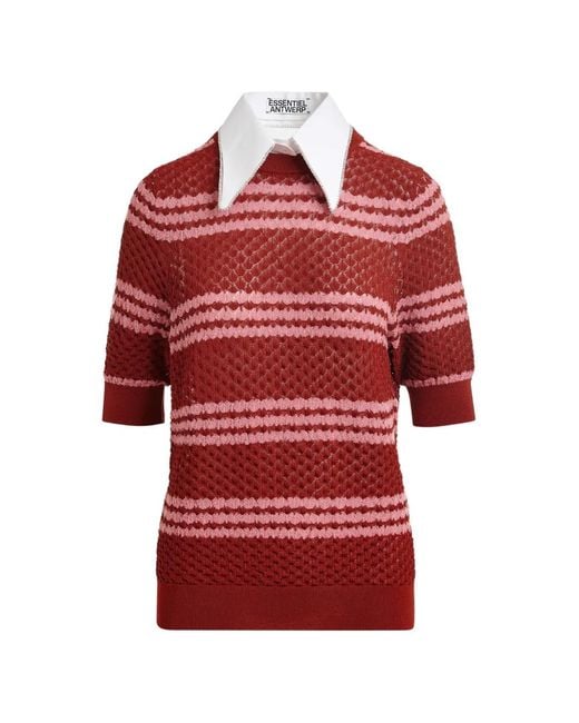 Essentiel Antwerp Red Striped Embellished-Collar T-Shirt