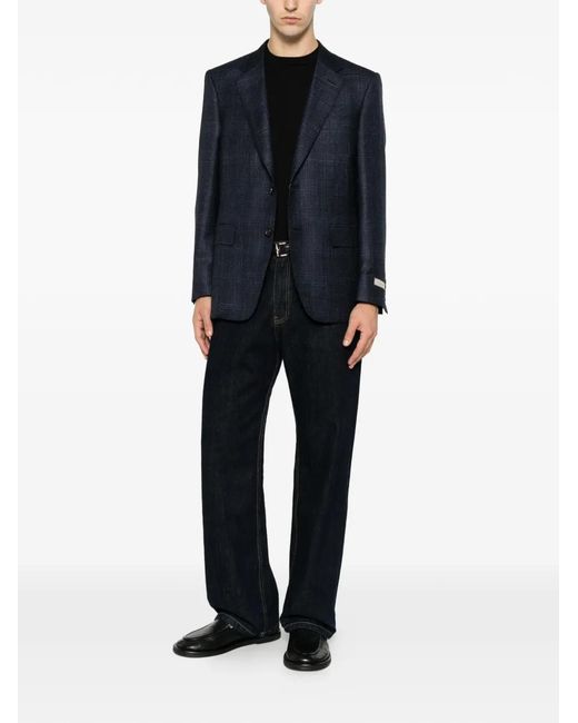 Canali Blue Check-Pattern Notched-Lapel Blazer for men