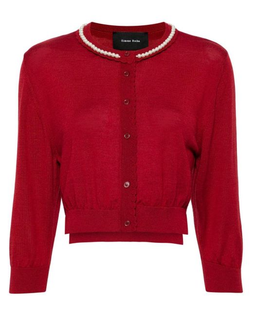 Simone Rocha Red Pearl-embellished Cropped Cardigan
