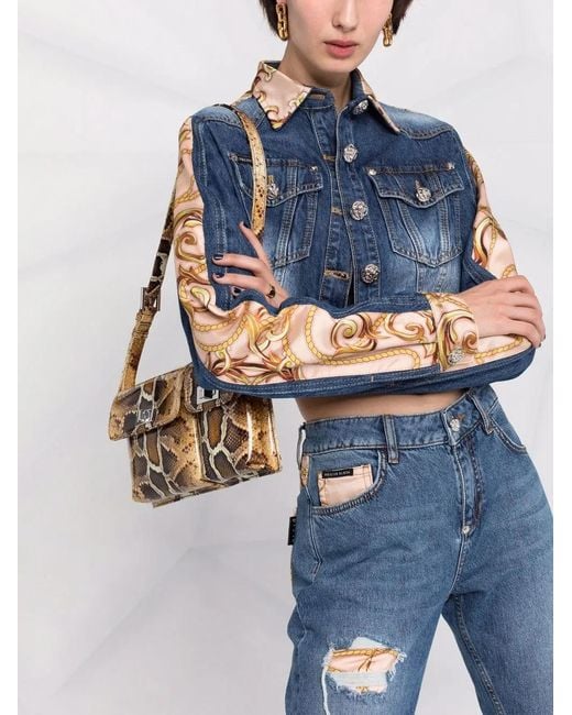 Philipp Plein Blue Baroque-print Cropped Denim Jacket