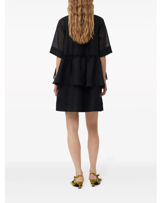 Ganni Black Crinkled Georgette Minidress
