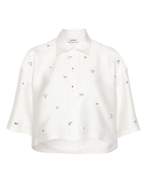 Sandro White Rhinestoned Cropped Shirt
