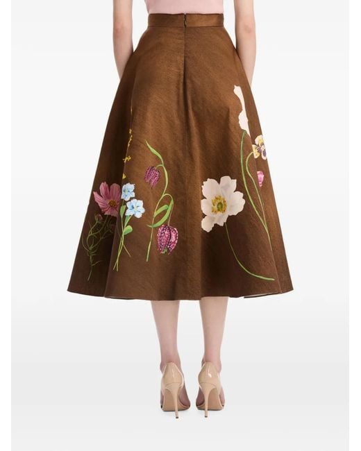 Oscar de la Renta Brown Botanical-Print Midi Skirt