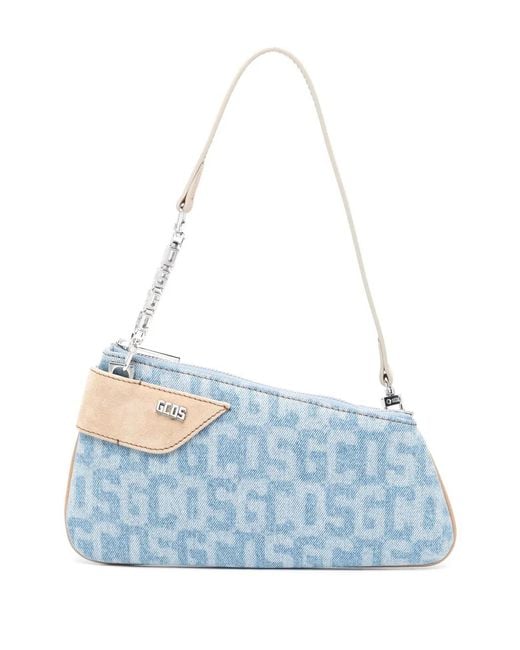 Gcds Blue Denim Shoulder Bag With Logo Writing