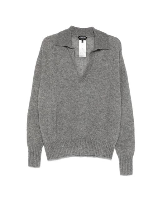 Tom Ford Gray V-Neck Collared Sweater