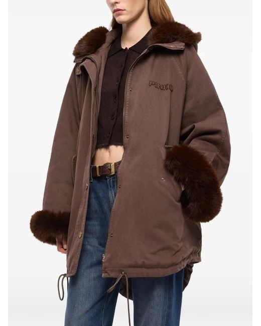 Pinko Brown Faux-Fur-Trim Hooded Coat