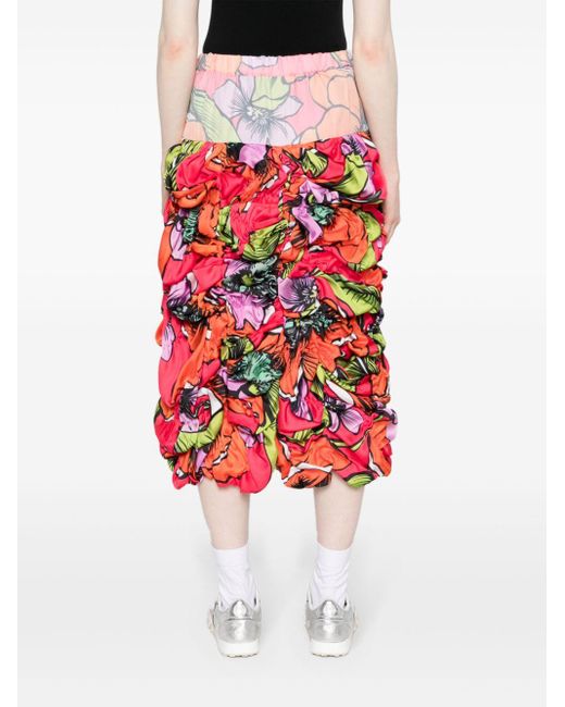 Comme des Garçons Floral-print Ruched Midi Skirt Red