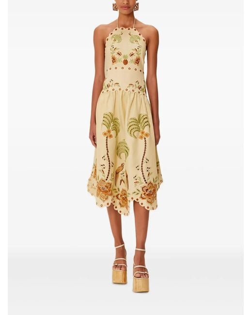 Farm Rio Metallic Halter-Neck Embroidered Midi Dress