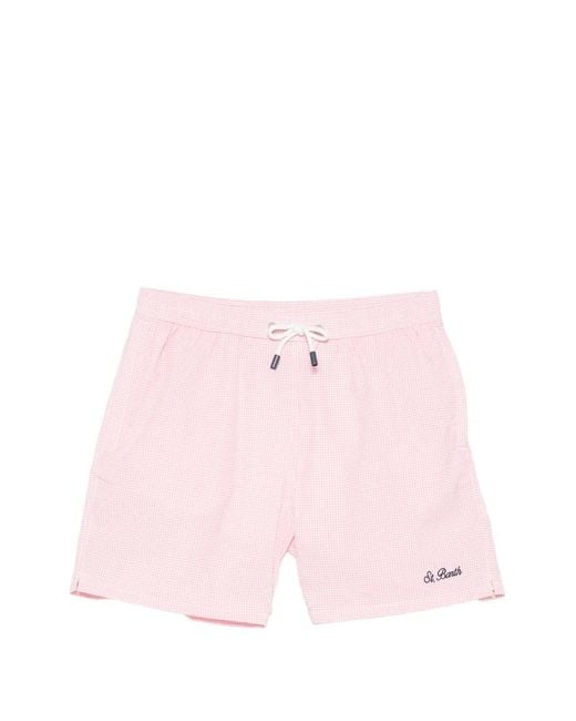 Mc2 Saint Barth Pink Gingham-Pattern Drawstring Swim Shorts for men
