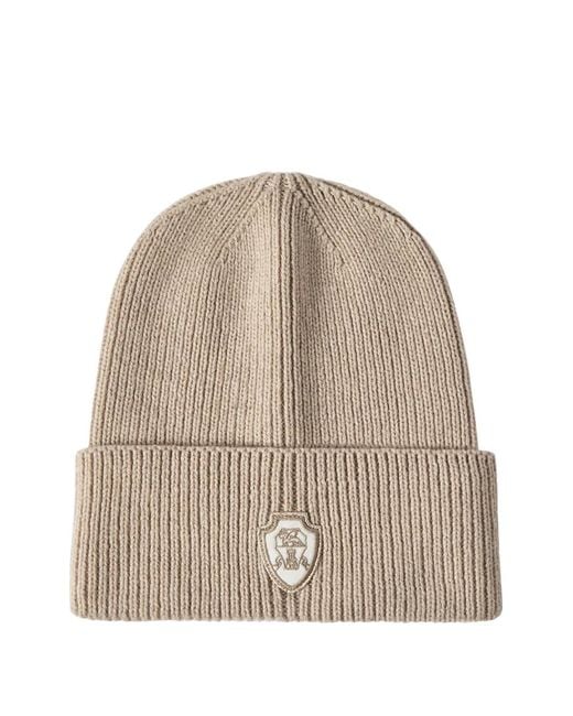Brunello Cucinelli Natural Cashmere English Rib-Knit Beanie With Patch-Logo