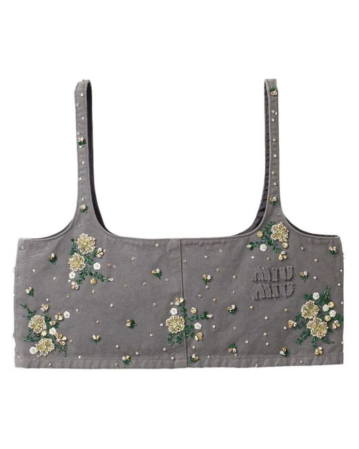 Miu Miu Gray Floral-embellished Crop Top
