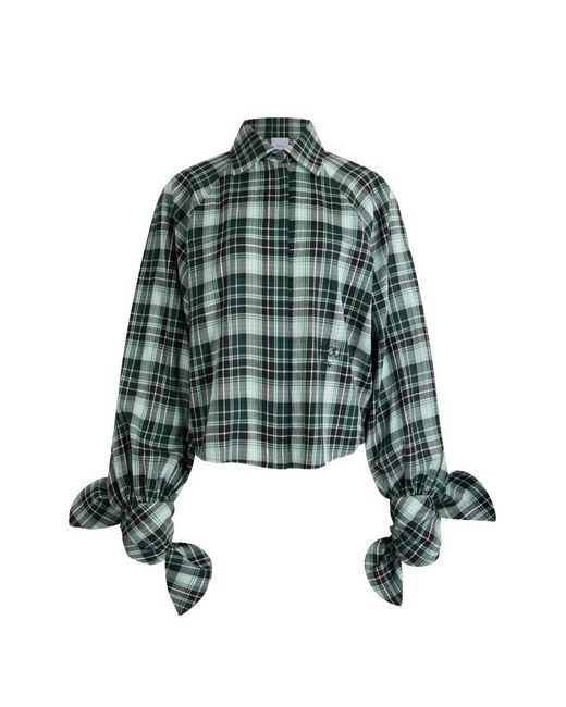 Patou Green Bow-Sleeve Check Blouse