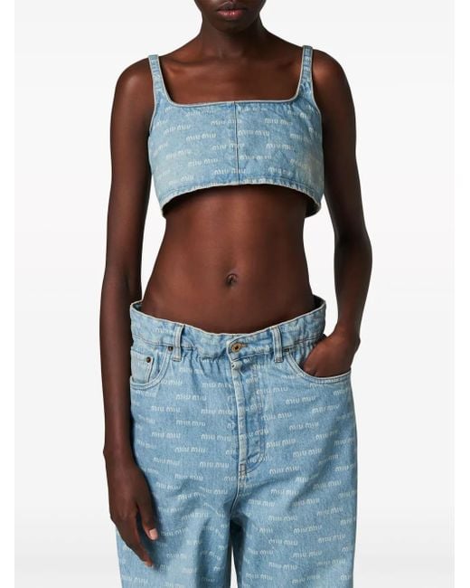Miu Miu Blue Logo-Print Denim Crop Top