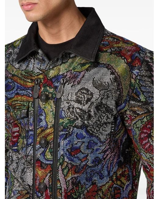 Philipp Plein Black Crystal-Embellished Denim Jacket for men