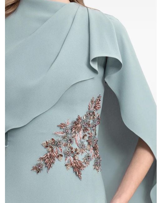 Gemy Maalouf Blue Beaded-Cape Draped Dress