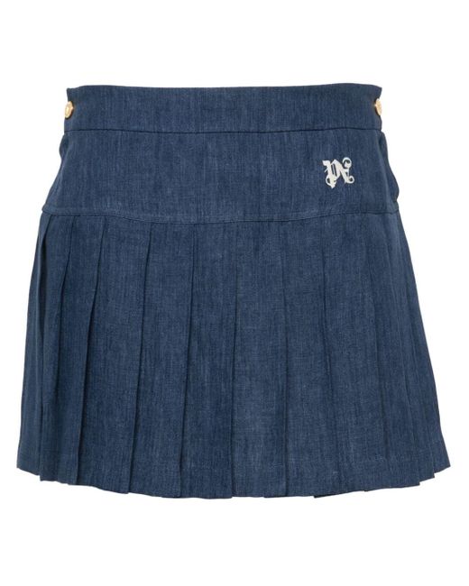 Palm Angels Blue Logo-Embroidered Pleated Skirt