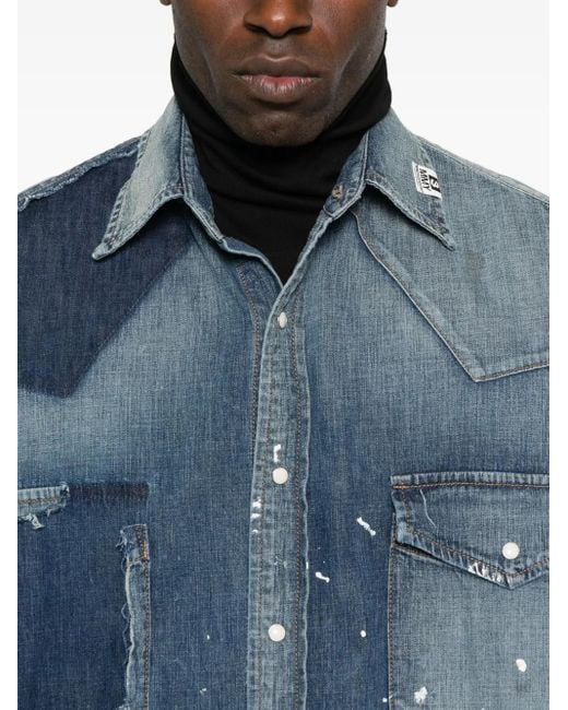Maison Mihara Yasuhiro Blue Paint-Splatter Patchwork Denim Shirt for men