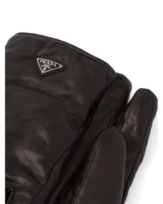 Prada Black Triangle-Logo Leather Gloves for men