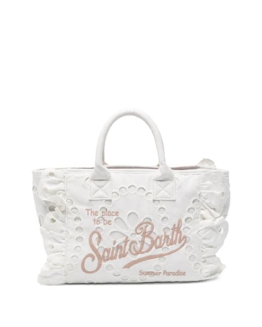 Mc2 Saint Barth White Colette Volant Ruffled Broderie-Anglaise Tote Bag