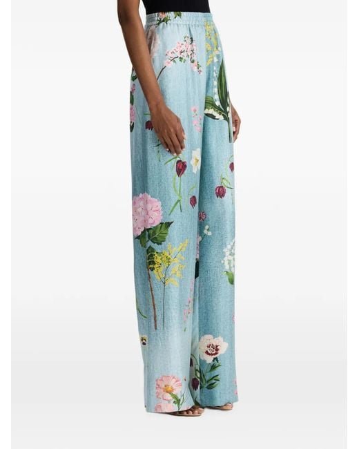 Oscar de la Renta Blue Floral-Print Silk Palazzo Pants