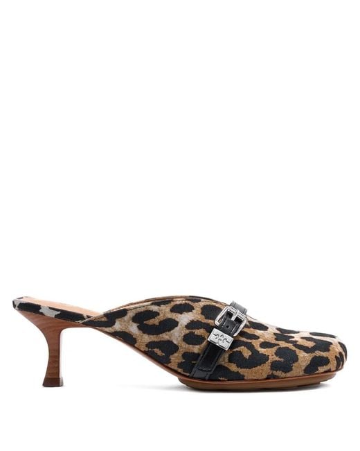 Ganni Brown Buckle-Detail Leopard-Print Mules