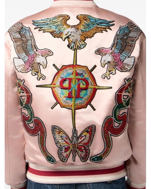 Philipp Plein Pink Oversized Bomber Patches Strass