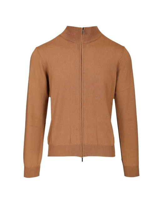 Al Duca D'aosta Brown Zip-Up Ribbed-Trim Sweater for men