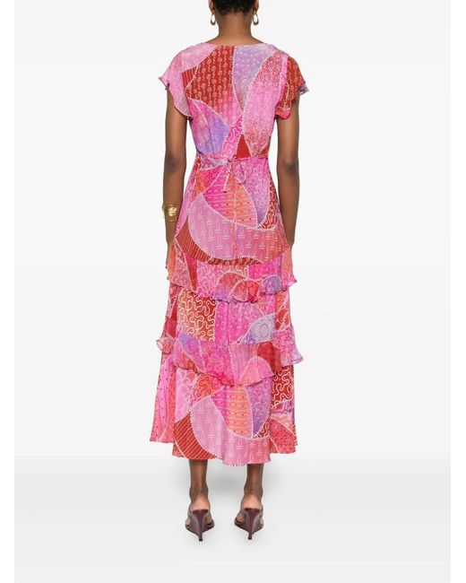 Rixo Pink Patchwork Ruffled Midi Dress