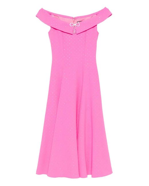 Nissa Pink Bow-Embellished Off-Shoulder Midi Dress
